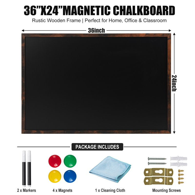 Magnetic Wall Chalkboard with Rustic Wood Frame, 36 x 24 Inches