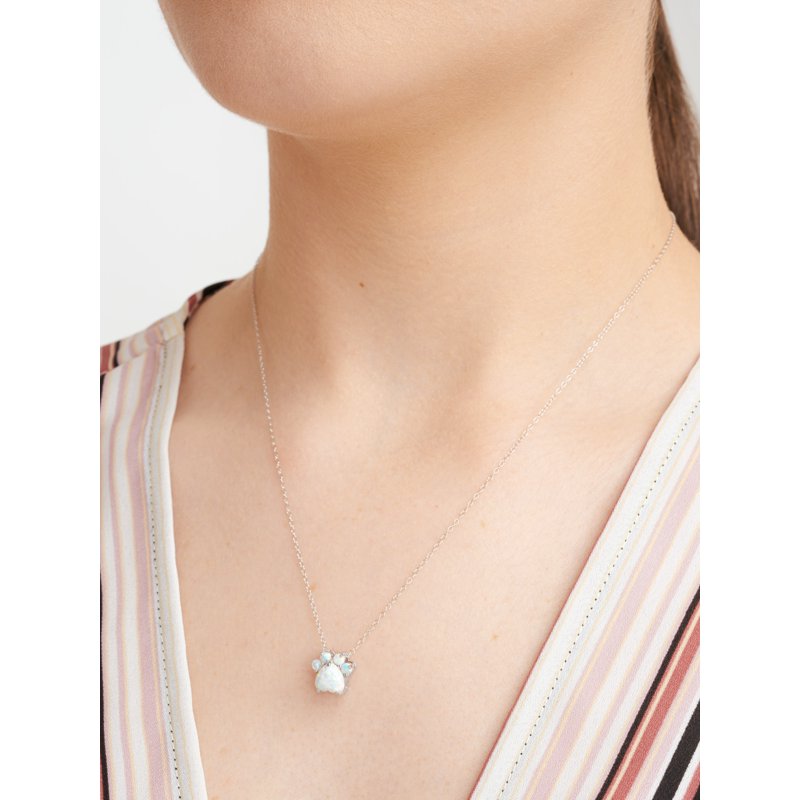 Sterling Silver Paw Print Necklace with Simulated Opal Pendant - Gift Ready