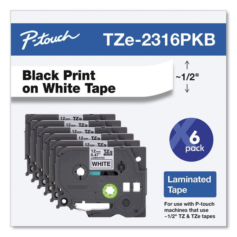 Laminated Label Maker Tape 1/2 Inch x 26.2 Feet - Black on White, 6 Pack