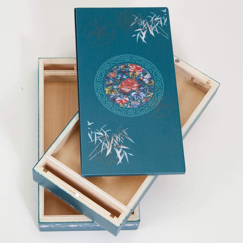 Wooden Secret Puzzle Box with Sliding Mechanism and Hidden Compartment, Teal Decor
