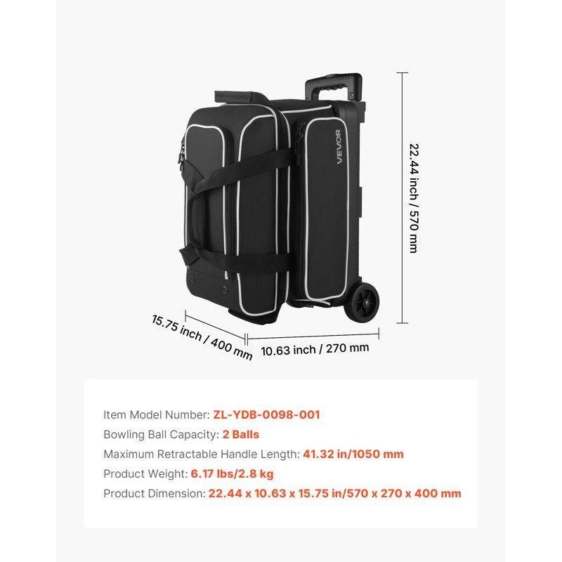 Double Roller Bowling Bag with Wheels & Shoe Compartment - Holds Up to Size 16
