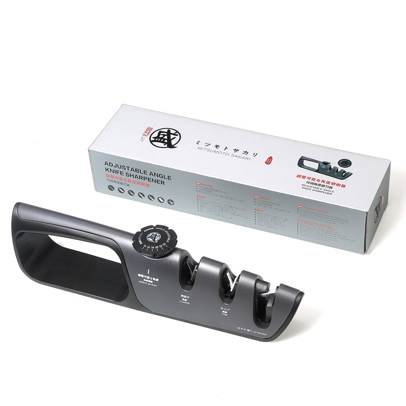 Mitsumoto Sakari Knife Sharpener with Adjustable 14°-24° Angle, 3-Slot Japanese Sharpening System - 27.2cm x 7.5cm x 5.3cm, Black