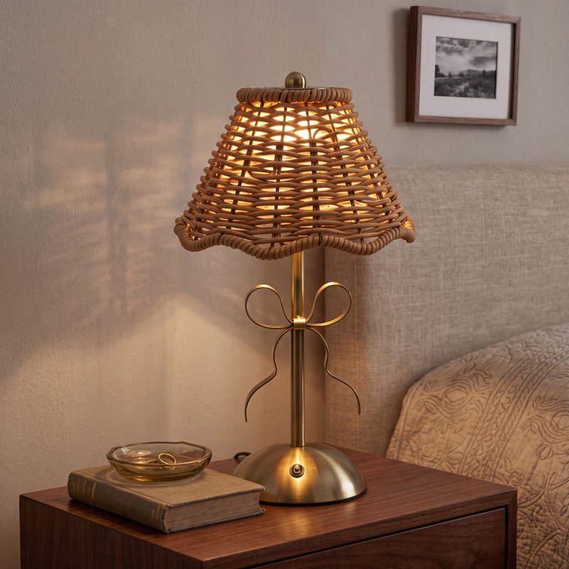 Cordless Rattan Table Lamp with Touch Dimming and USB Rechargeable Nightstand Light for Bedroom Living Room Patio