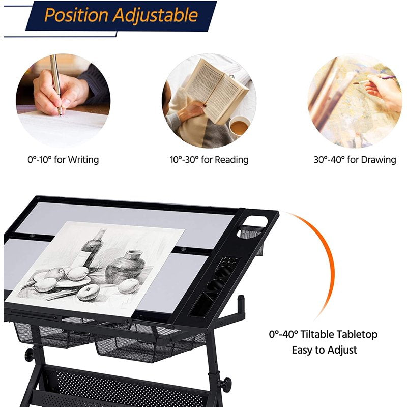 Adjustable Drafting Table with Stool and Storage Drawers - Art Craft Workstation