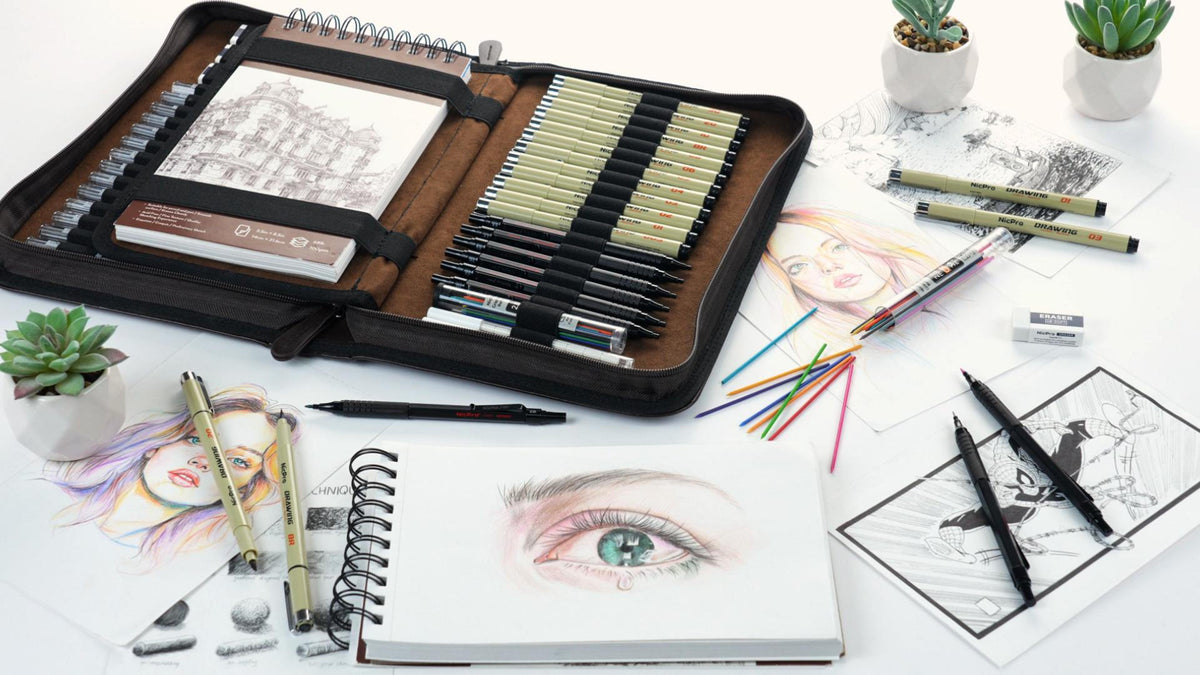 Art Drawing Supplies Kit with Leather Case - Mechanical Pencils, Micron Pens & Sketchbook