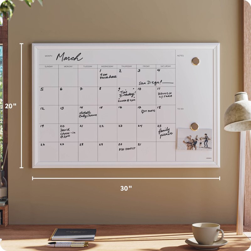 Magnetic Dry Erase Calendar Whiteboard with Wood Frame - 30x20 Inches