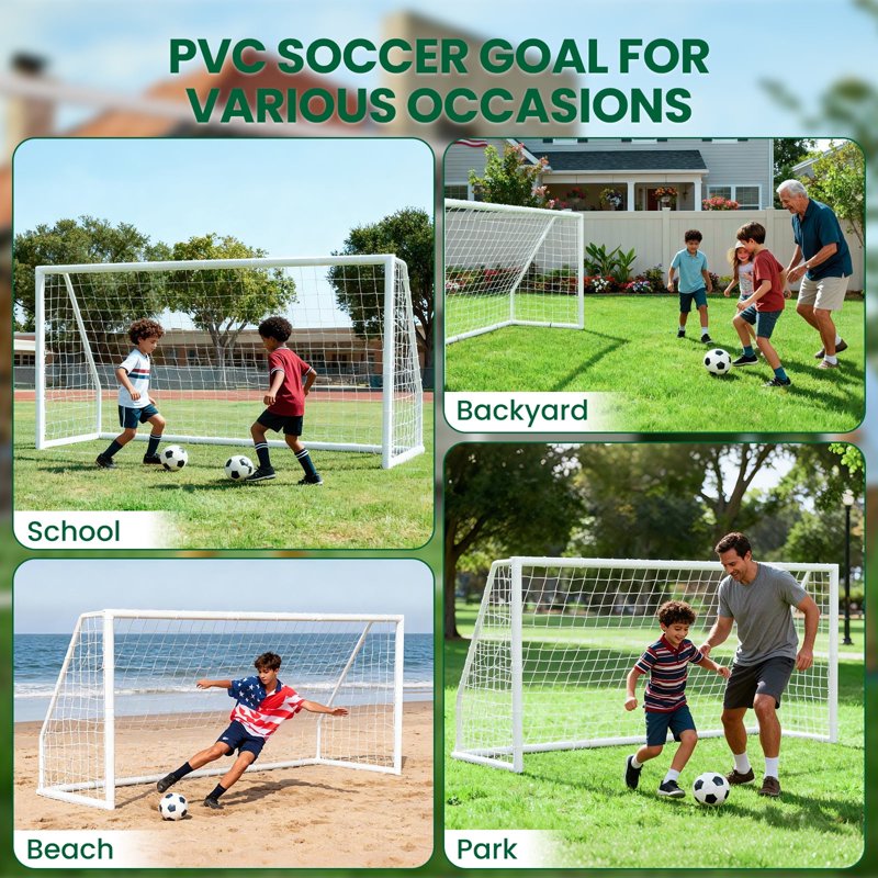 SLSY 12ft Soccer Goal - White Non-Folding 12x6 Backyard Training Net + Ground Pegs