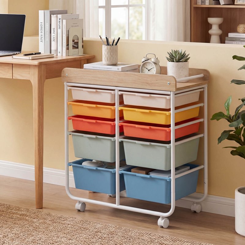 10-Drawer Rolling Storage Cart with Wooden Top and Lockable Wheels - Art & Craft Organizer