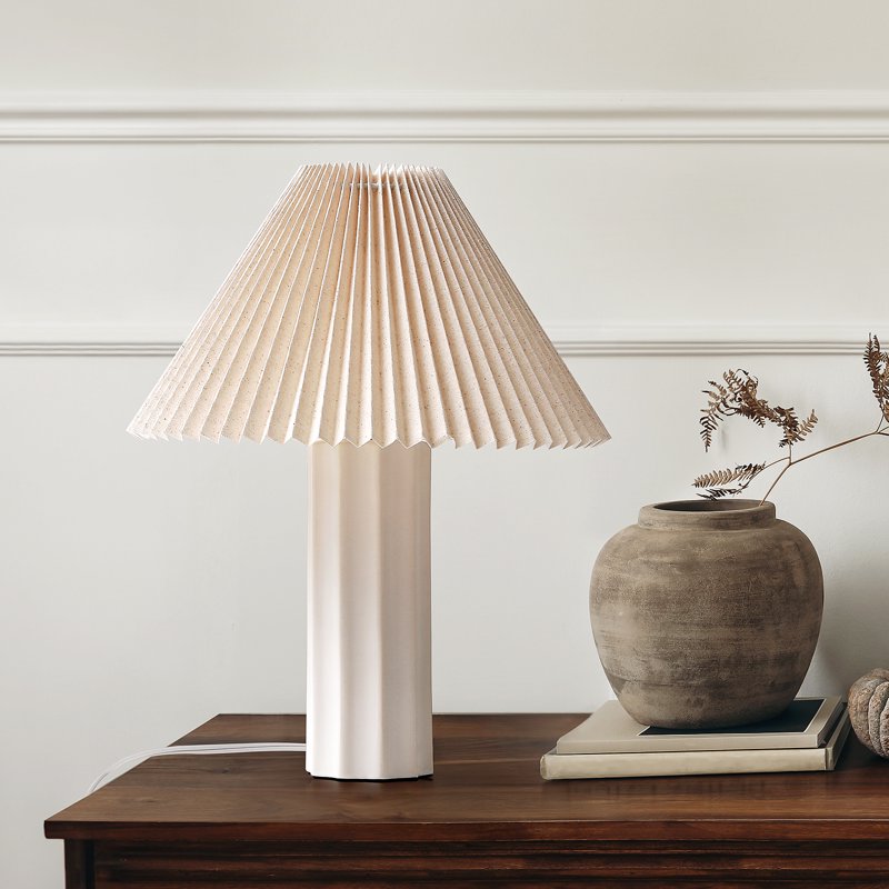 17.5-Inch Ceramic Table Lamp with Dimmable LED Bulb and Pleated Fabric Shade - White Nightstand Light for Bedroom & Living Room