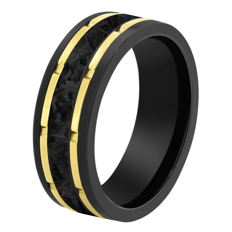 Men's Black Tungsten Wedding Band with Carbon Fiber Inlay and Yellow Finish Grooves