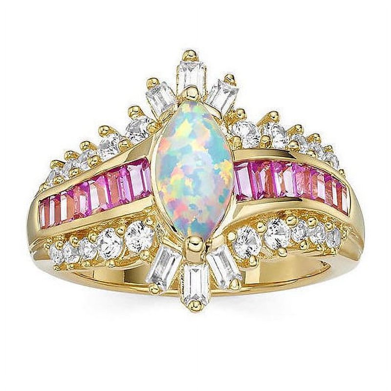 Sterling Silver Marquise Ring with 14K Gold Plated Opal & Sapphires, Hypoallergenic, Multiple Sizes