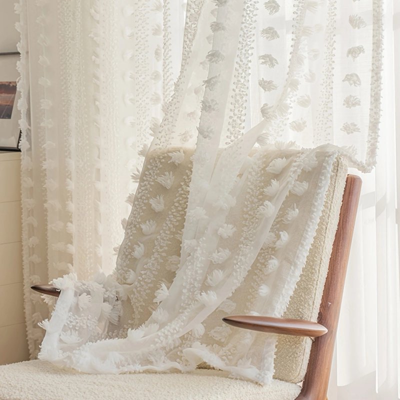 White Semi Sheer Curtain Panel Set - Boho Pompom Tufted Window Drapes for Bedroom & Nursery