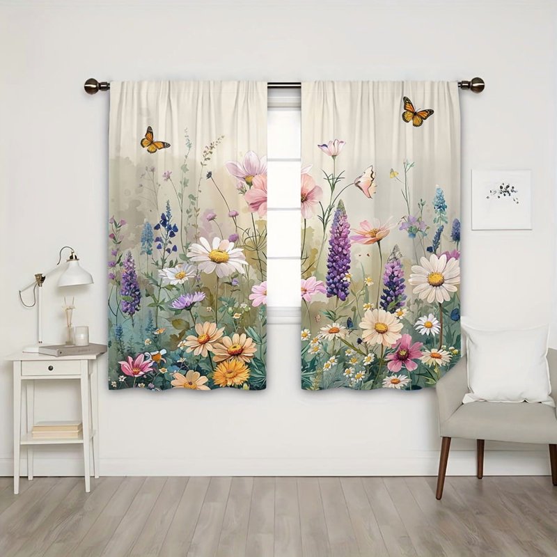 Rustic Wildflower & Weed Light-Filtering Curtain Set for Living Room & Bedroom