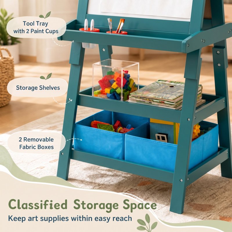 3-in-1 Kids Wooden Art Easel with Whiteboard & Chalkboard - Blue