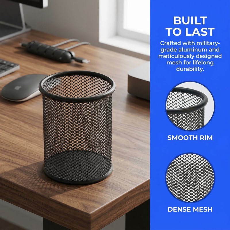 Mesh Metal Pen Holders Set of 4 - Durable Desk Organizer Cups for Office and Home
