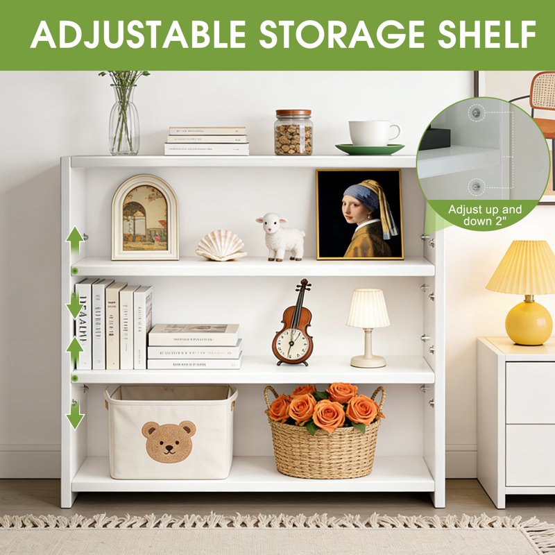 3-Tier Adjustable Open Bookcase White Storage Shelves for Home & Office