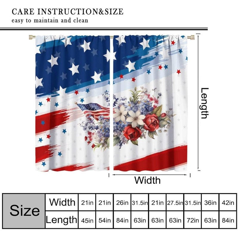 4th of July American Flag Blackout Curtains - Watercolor Flowers & Modern Window Drapes