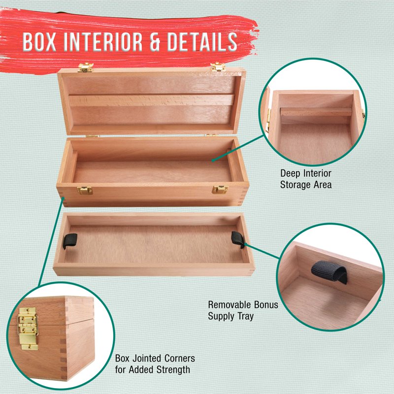Unfinished Beechwood Artist Tool Storage Box with Removable Tray & Locking Clamps