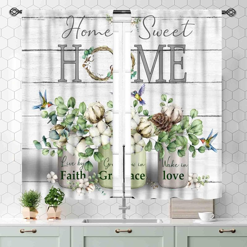Farmhouse Eucalyptus Leaves Curtain Set - Rustic Country Window Drapery, 2 Panels, Various Sizes