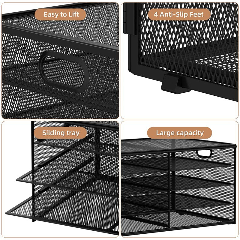 5-Tier Desktop Organizer with Metal Paper Tray Storage Rack, Black