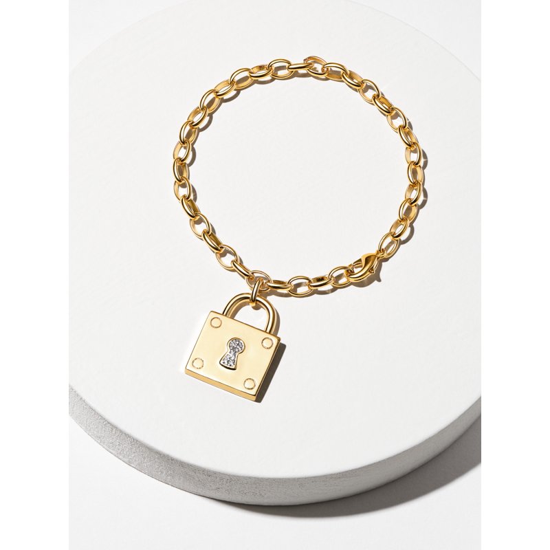 Gold-Plated Diamond Illusion Lock Charm Chain Bracelet for Women