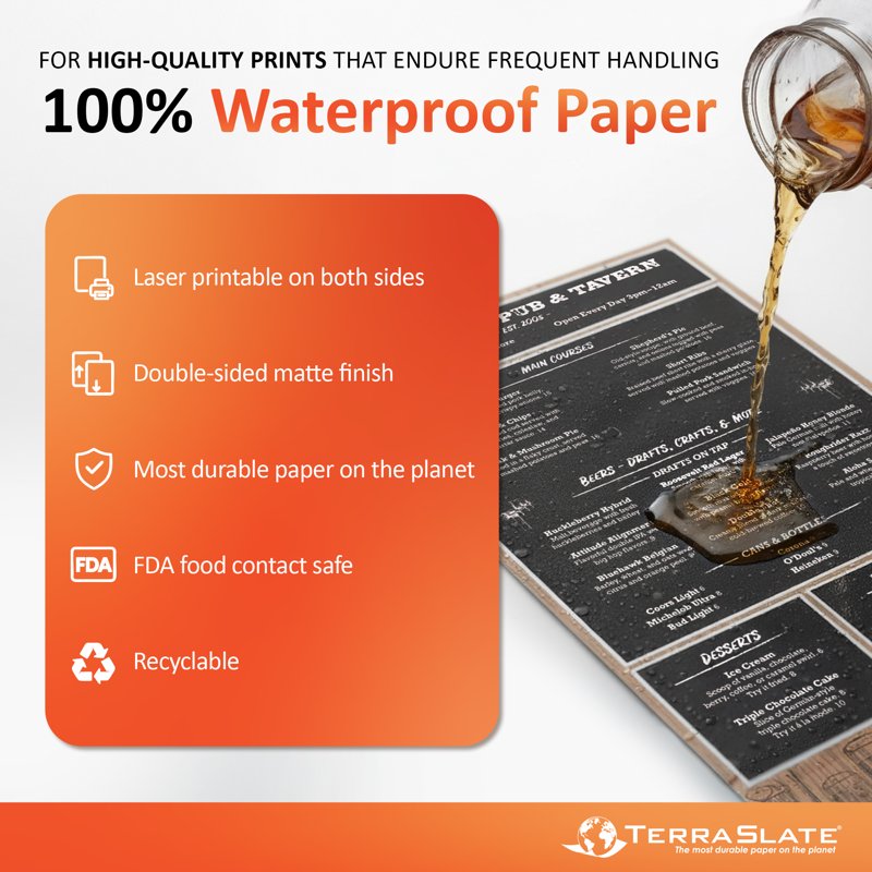 Waterproof Laser Printer Copy Paper - Legal Size 8.5x14, 8 Mil, 80lb Cover, Pack of 25 Sheets