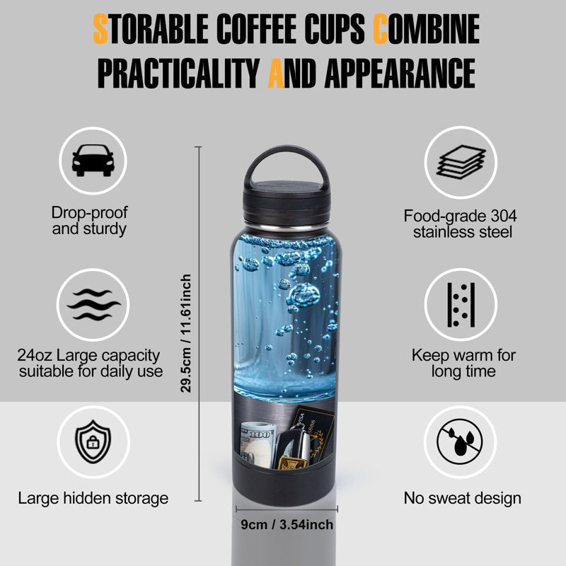 24oz Stainless Steel Water Bottle with Hidden Safe Compartment - Discreet Travel Tumbler