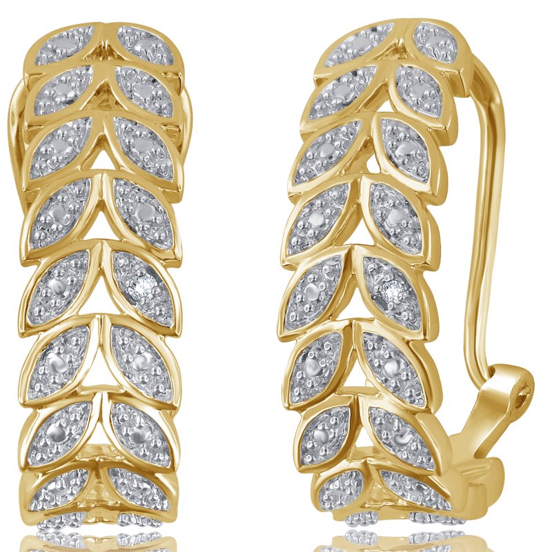 Diamond Accent Leaf Hoop Earrings 14K Yellow Gold Tone Over Brass