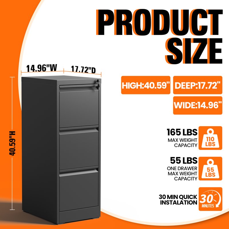 Locking 3-Drawer Metal File Cabinet for Legal and Letter Files - Black