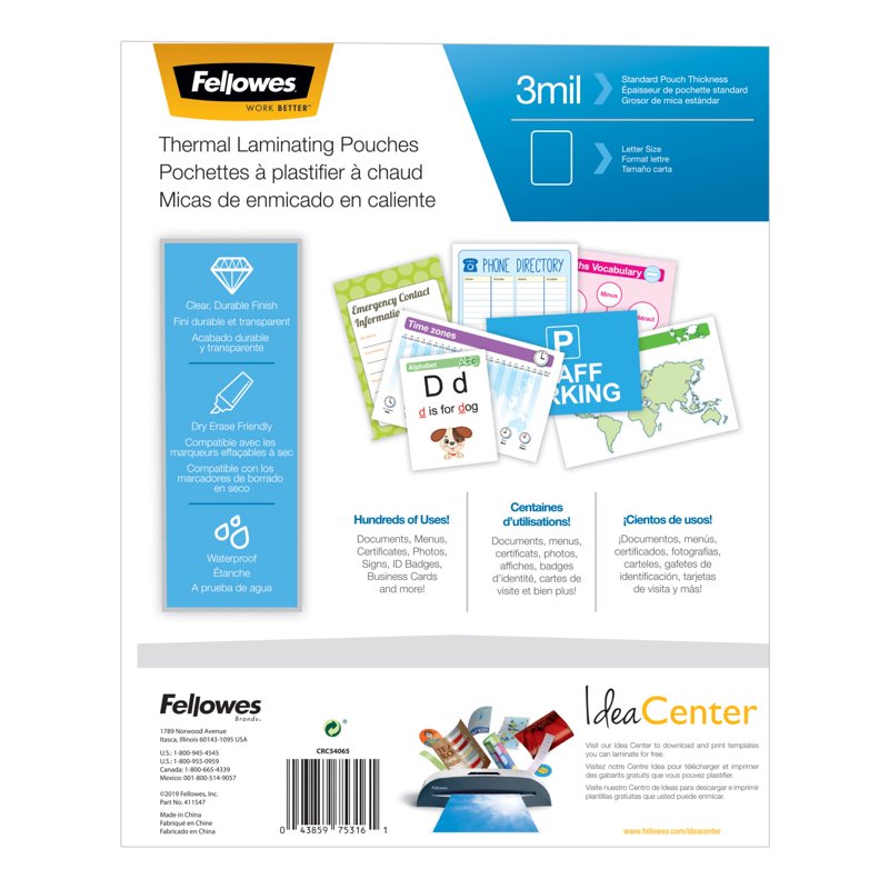Thermal Laminating Pouches Letter Size 3 Mil Clear Pack of 250