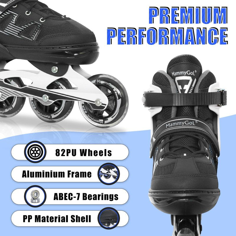 Adult Inline Skates with Adjustable Size, Carbon Steel Bearings & TPR Brake