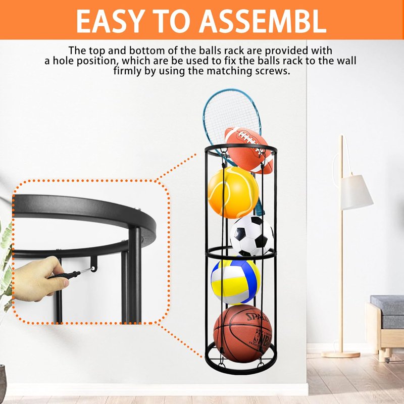 Wall-Mounted Ball Storage Rack for Basketball, Soccer, Volleyball, Football Organizer