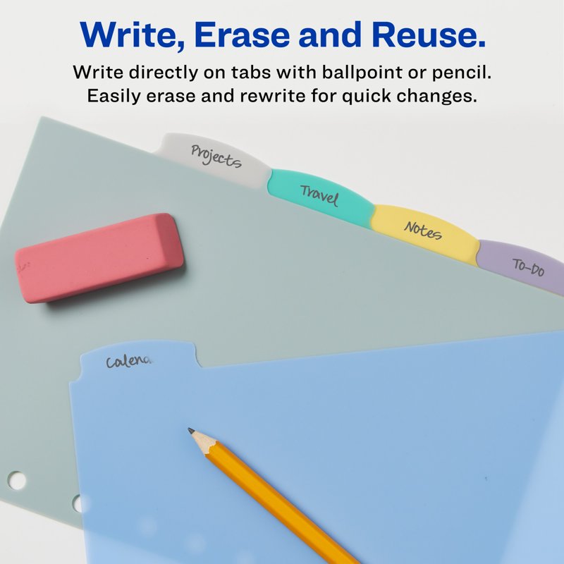 Write and Erase Mini Divider Set - 5-Tab Reusable Plastic Organizer