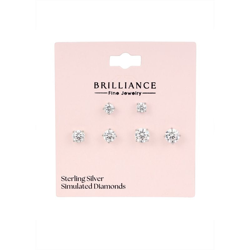 Sterling Silver Simulated Diamond Earring Set - 3 Pairs Round Studs for Women