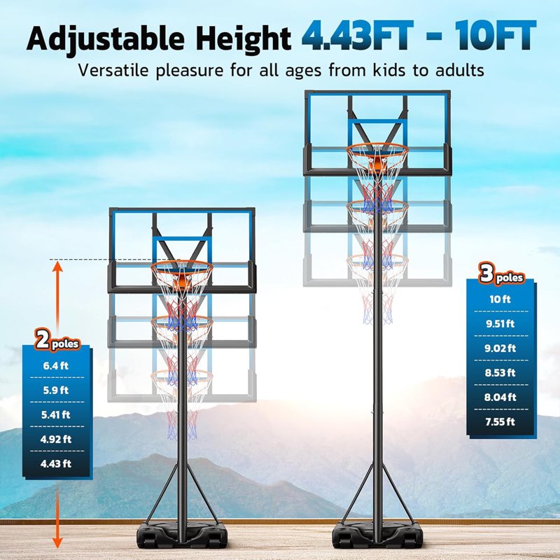 Portable Basketball Hoop with 46-Inch Backboard, Adjustable Height, Steel Rim