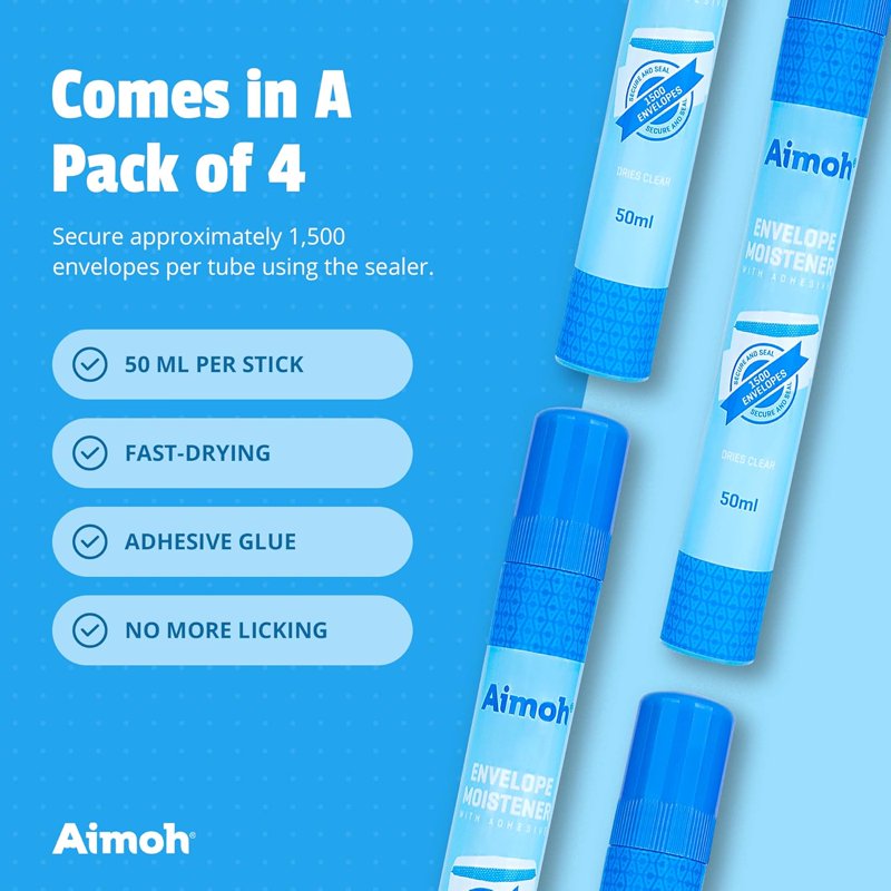 Envelope Moistener with Adhesive - Fast-Drying Clear Glue Stick, 4 Pack