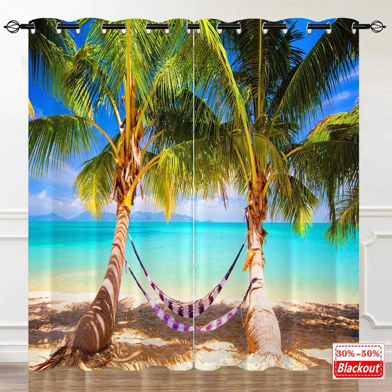 Beach Themed Waterproof Window Curtains with Tropical Palm Tree Ocean Landscape Pattern — Multi Sizes & Colors