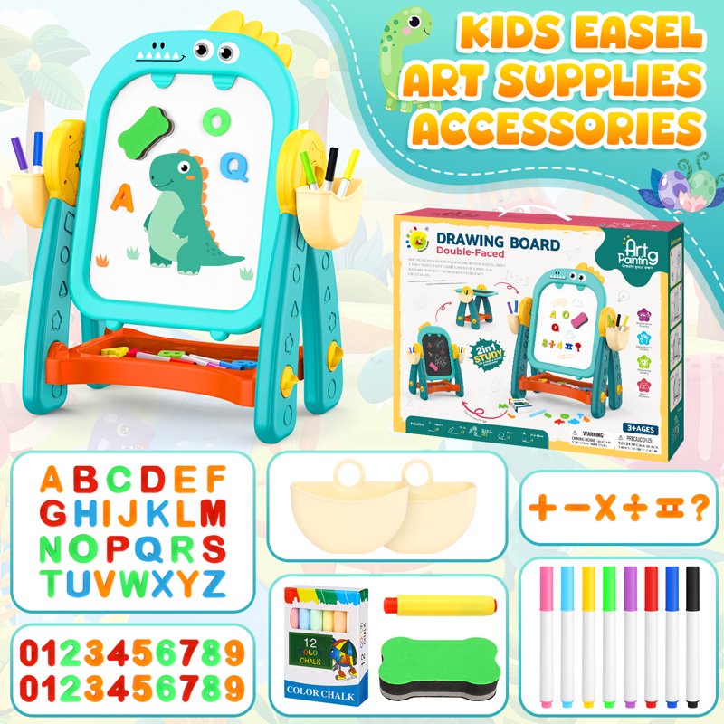 Kids Double Sided Chalkboard and Whiteboard Easel - Dinosaur Learning & Art Gift for Ages 2-6