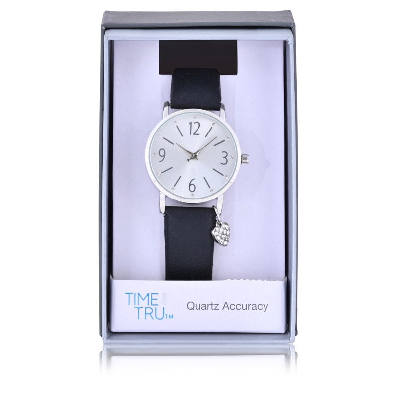 Silver Tone Crystal Accent Watch with Heart Charm and Faux Leather Strap