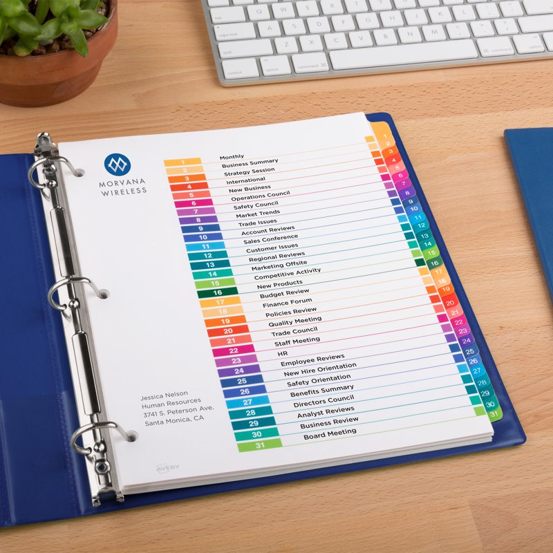 Multicolor Tab Dividers for 3-Ring Binders, Customizable Table of Contents Set
