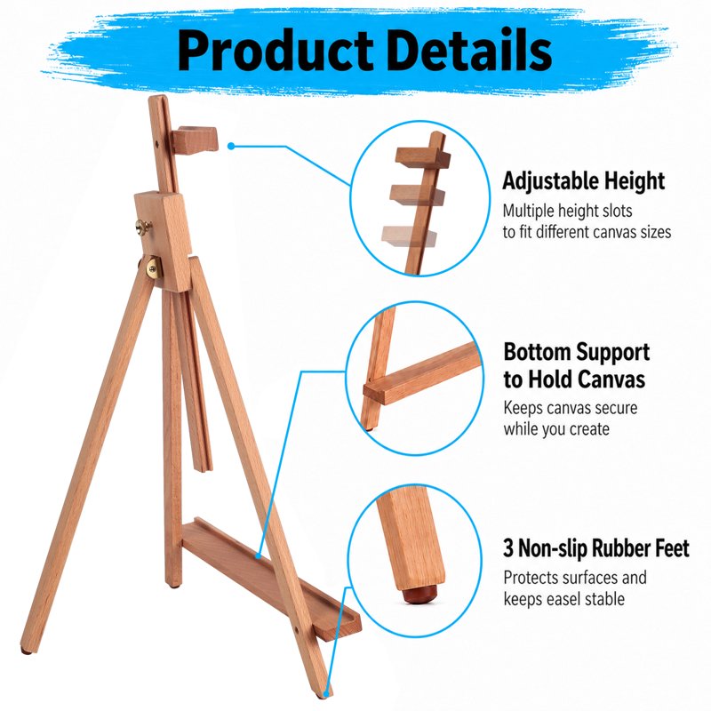 25-Inch Beechwood Tabletop Easel for Painting & Display, Adjustable Art Stand