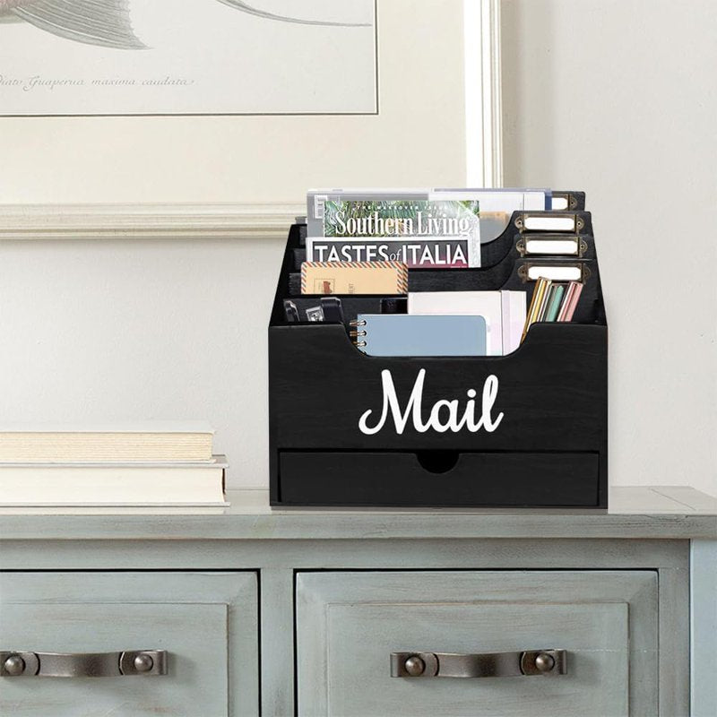 Wood Desktop Mail Organizer with 4 Compartments and Drawer - Office & Home Storage