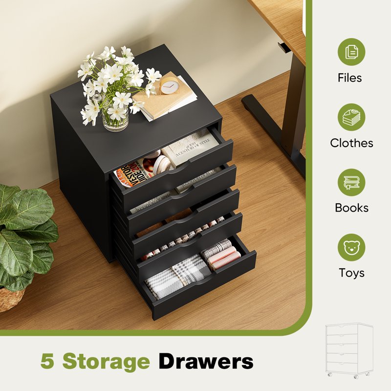 Portable 5-Drawer Storage Cabinet on Wheels for Office Bedroom Organization