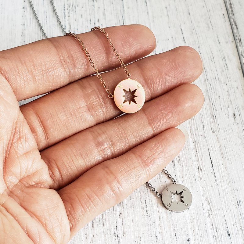 Stainless Steel Friendship Necklace with Compass Pendant – Gift for Best Friend, Coworker, Birthday, Christmas, Rose Gold or Silver