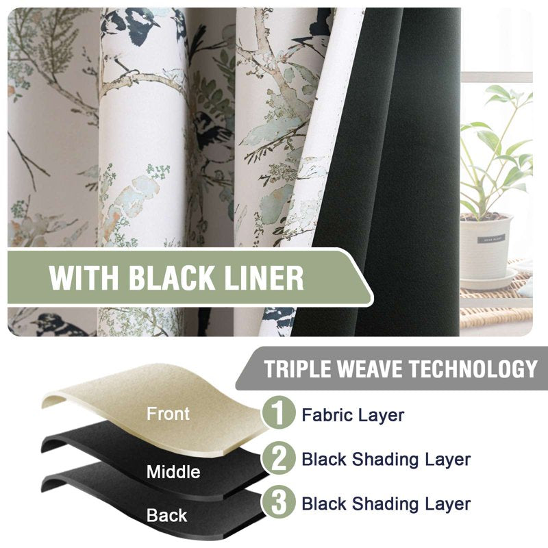 Blackout Floral Bird Pattern Curtains with Grommets - 2 Panels, Thermal Privacy Drapes