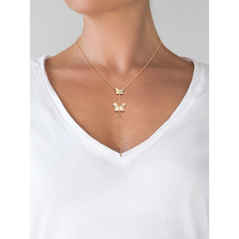 Women's Gold-Tone Butterfly Fringe Y Necklace with Rhinestones