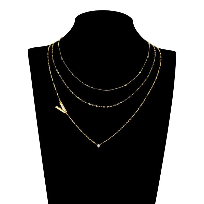 Gold Flash Plated Initial Necklace Set with Cubic Zirconia - Multiple Charms