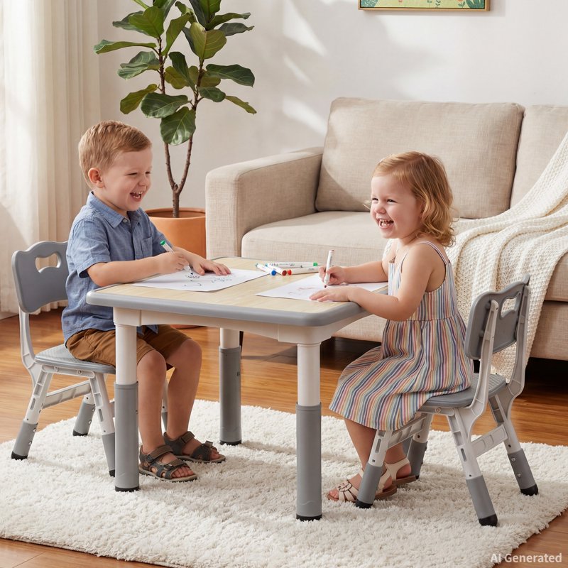 Kids Art Table and 2 Chair Set with Adjustable Heights - Toddler Play Desk, Grey