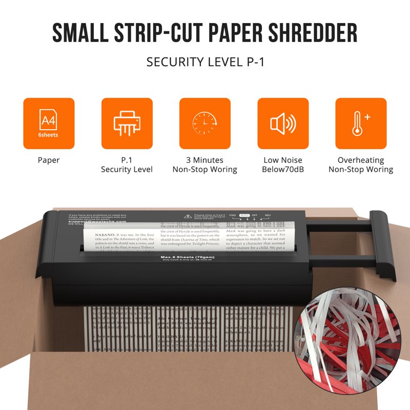 6-Sheet Strip Cut Paper Shredder for Home Office Portable Overheat Protection