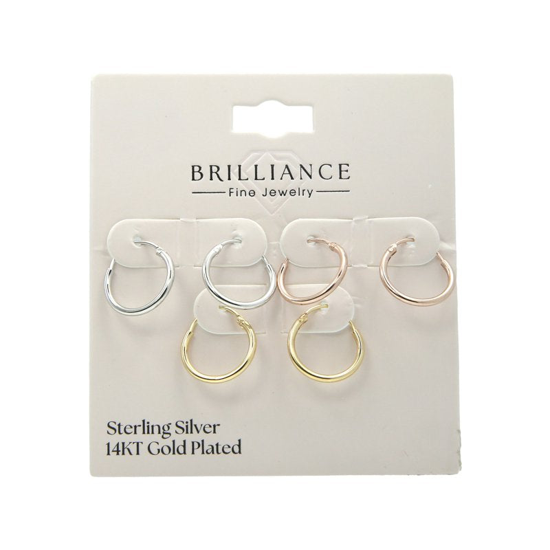 3 Pair Hoop Earring Set in 14K Gold Silver Rose Gold Plated Sterling Silver 12mm
